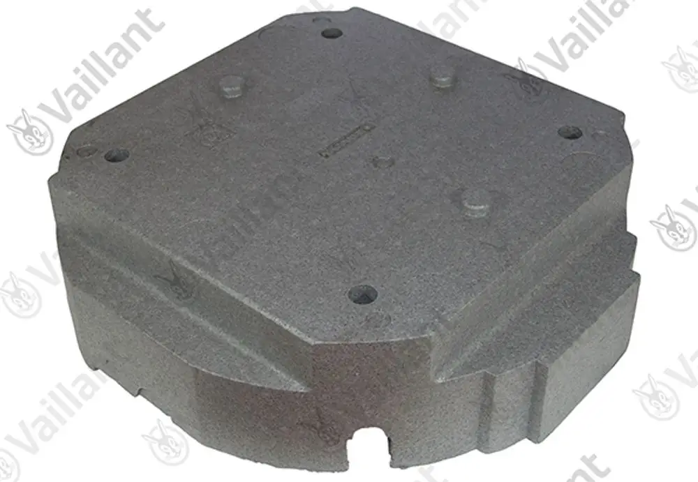 Graue Isolierung von Vaillant mit mehreren Bohrungen, rechteckiger Form und glatter Oberfläche, geeignet für Heizungsanlagen.